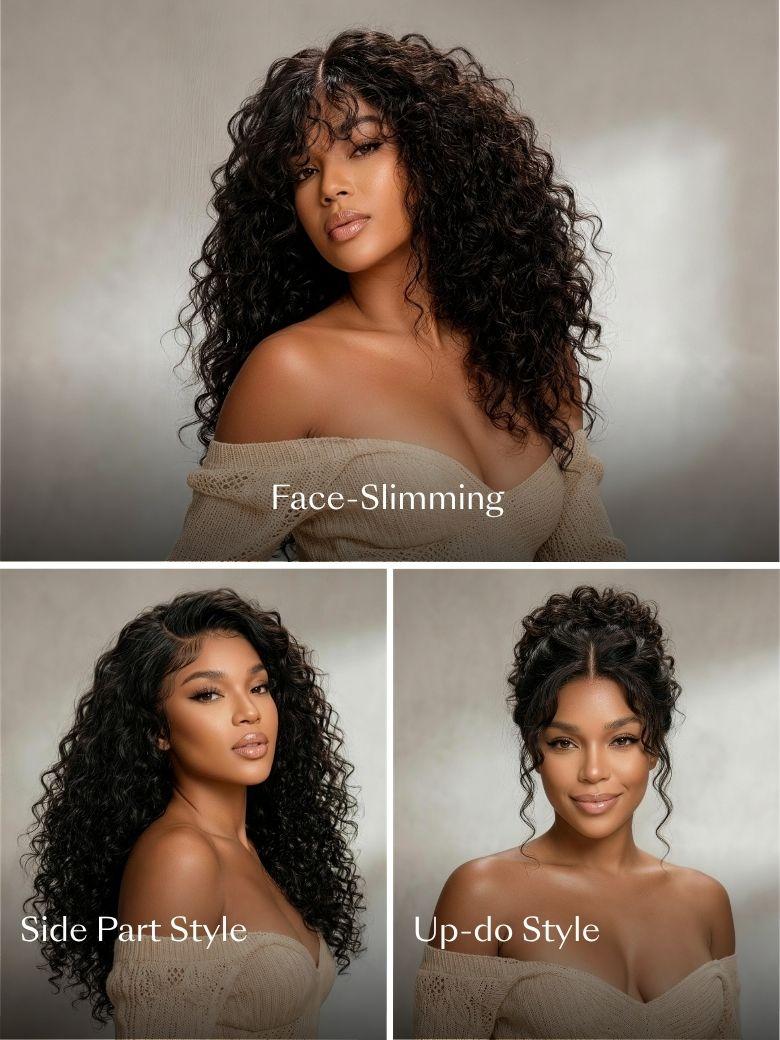 A collage shows a women with different hairstyles: top, the woman with curly hair and bangs; bottom left, the woman wearing in a side part style; bottom right, the woman in a curly updo—each look rivaling a pre-styled wig.