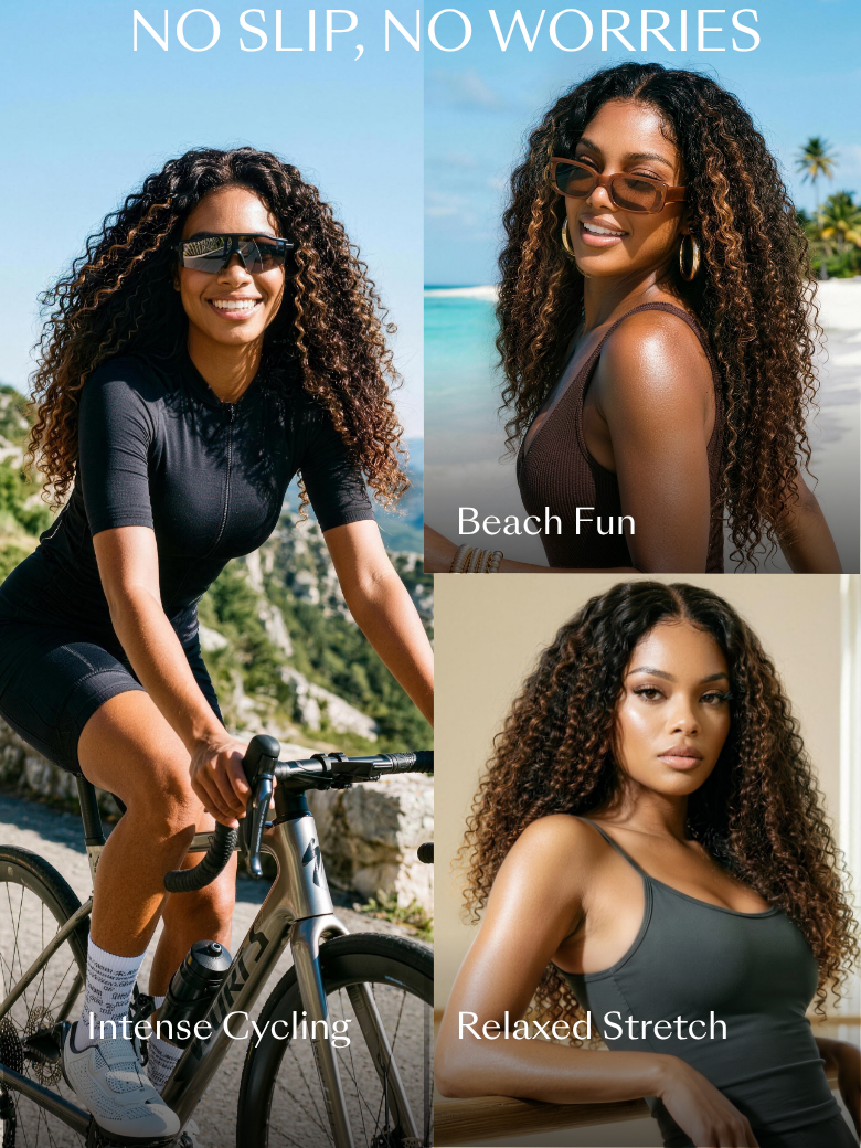 A collage shows a model wearing a brown highlighted curly secure glueless wig with a realistic hairline while cycling, at the beach, and stretching.