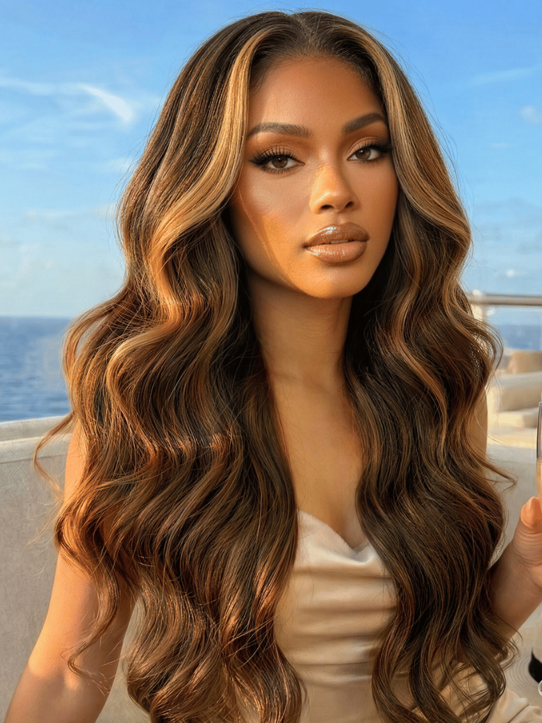 UNice 360 HD Lace Pre-plucked Luxury Raw Virgin Hair Caramel Brown With Money Piece Highlights Body Wave Wig