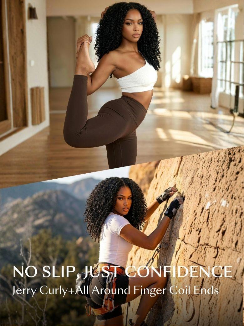 A woman with curly hair—thanks to a glueless no lsip wig for exercise—does a yoga pose indoors in the top image and rock climbs outdoors in the bottom image.