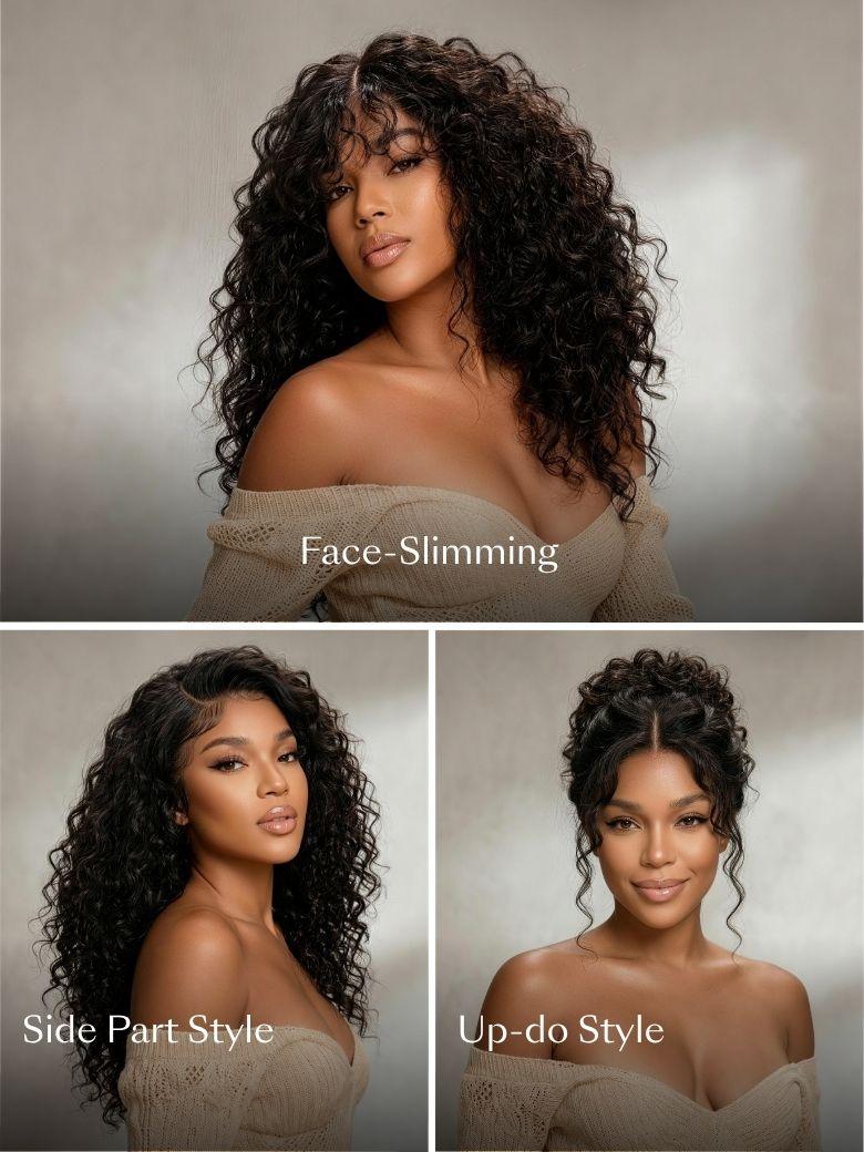 A collage shows a women with different hairstyles: top, the woman with curly hair and bangs; bottom left, the woman wearing in a side part style; bottom right, the woman in a curly updo—each look rivaling a pre-styled wig.