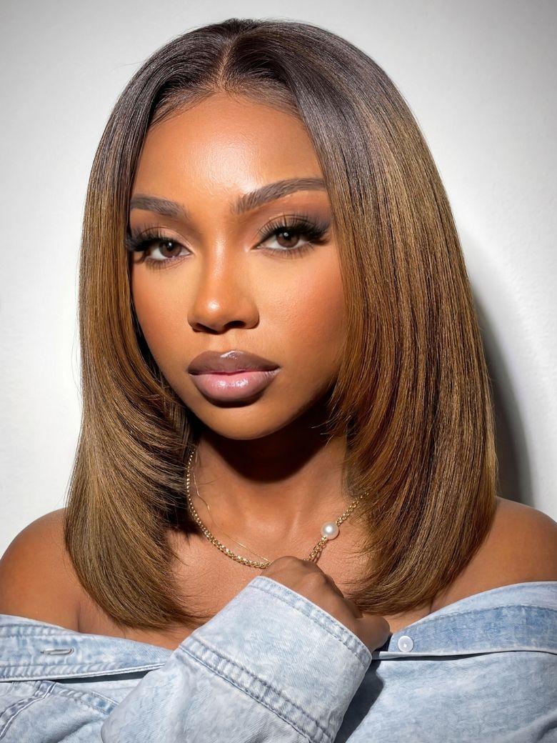 UNice 7x5 Bye Bye Slip™ Lace Black to Chestnut Brown Ombre Layered Yaki Straight Bob Wig with Invisi Drawstring