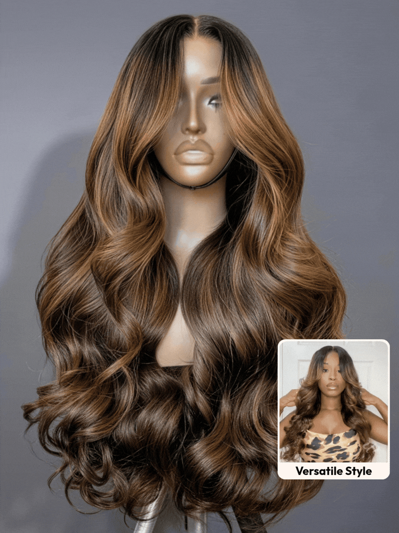 7x5 Bye Bye Slip™ Balayage Highlight Body Wave & Curtain Bangs Wig – Glueless Lace Pull & Go with Invisi Drawstring