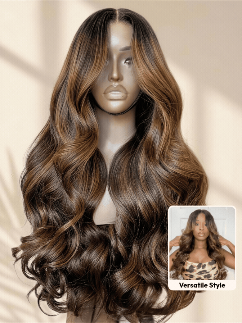 UNice 7x5 Bye Bye Slip™ Wig Glueless Lace Balayage Highlight Body Wave Curtain Bangs Wig with Invisible Drawstring
