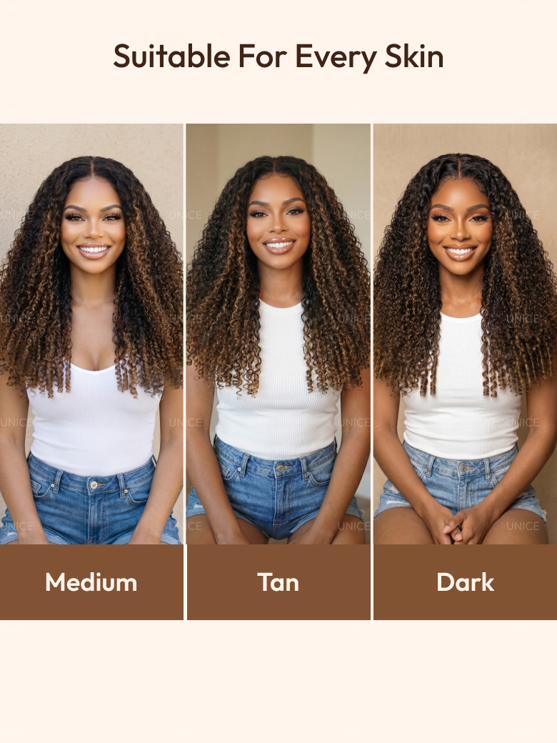 A smiling woman with curly hair is shown in three panels, each with a different skin tone: medium, tan, and dark. The text above reads Suitable For Every Skin.