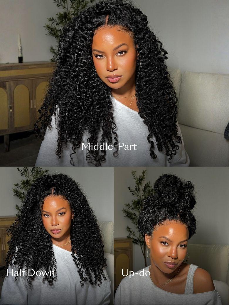 Side-by-side comparison of two women with curly hair: the left wears an 18-inch Burmese curly wig with finger coil ends and a cream one-shoulder dress; the right sports a 24-inch version, sunglasses, and a tan trench coat.