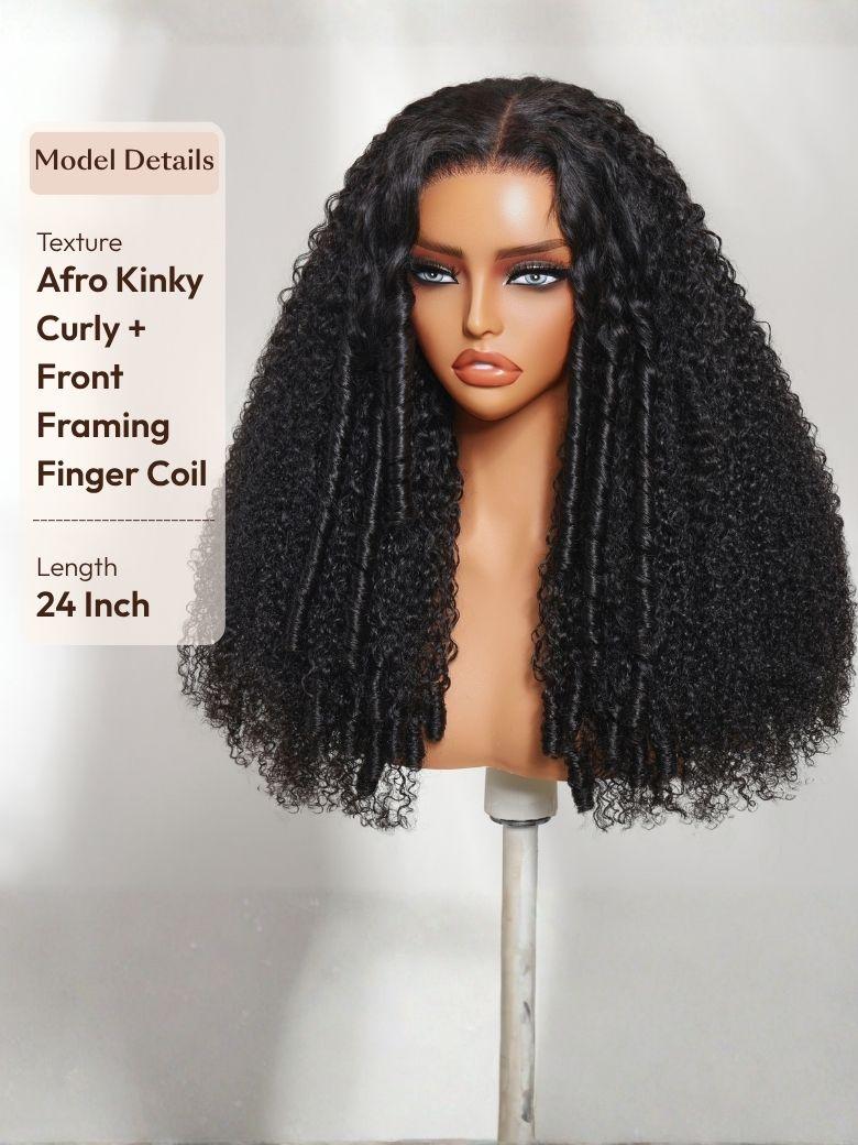 A mannequin head displays a 16 inch finger curly wig in black with front framing finger coils, styled in an afro kinky curl. The mannequin wears glasses, a sleeveless beige top, and a silver necklace. Model details are listed on the left.
