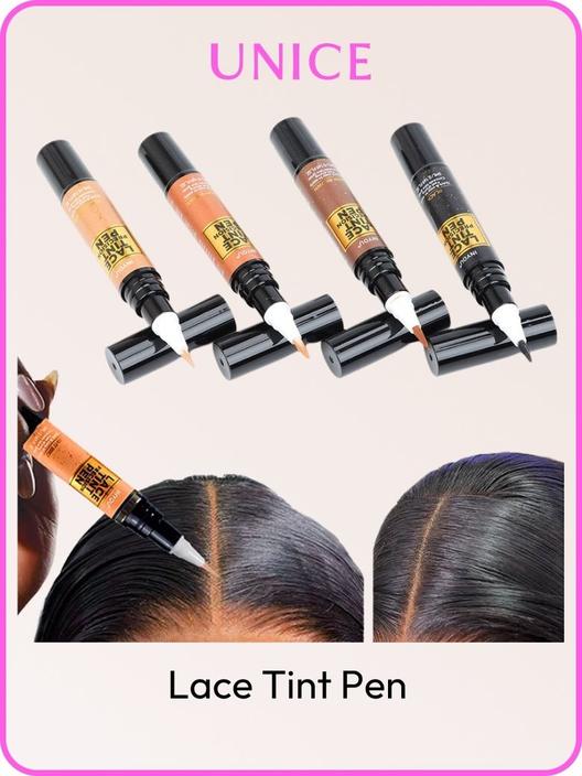 A model displays the UNice US Only Lace Tint Pen for Seamless, Natural Hairline, showing a model with long black hair and a pair of mascaras and lace finish.