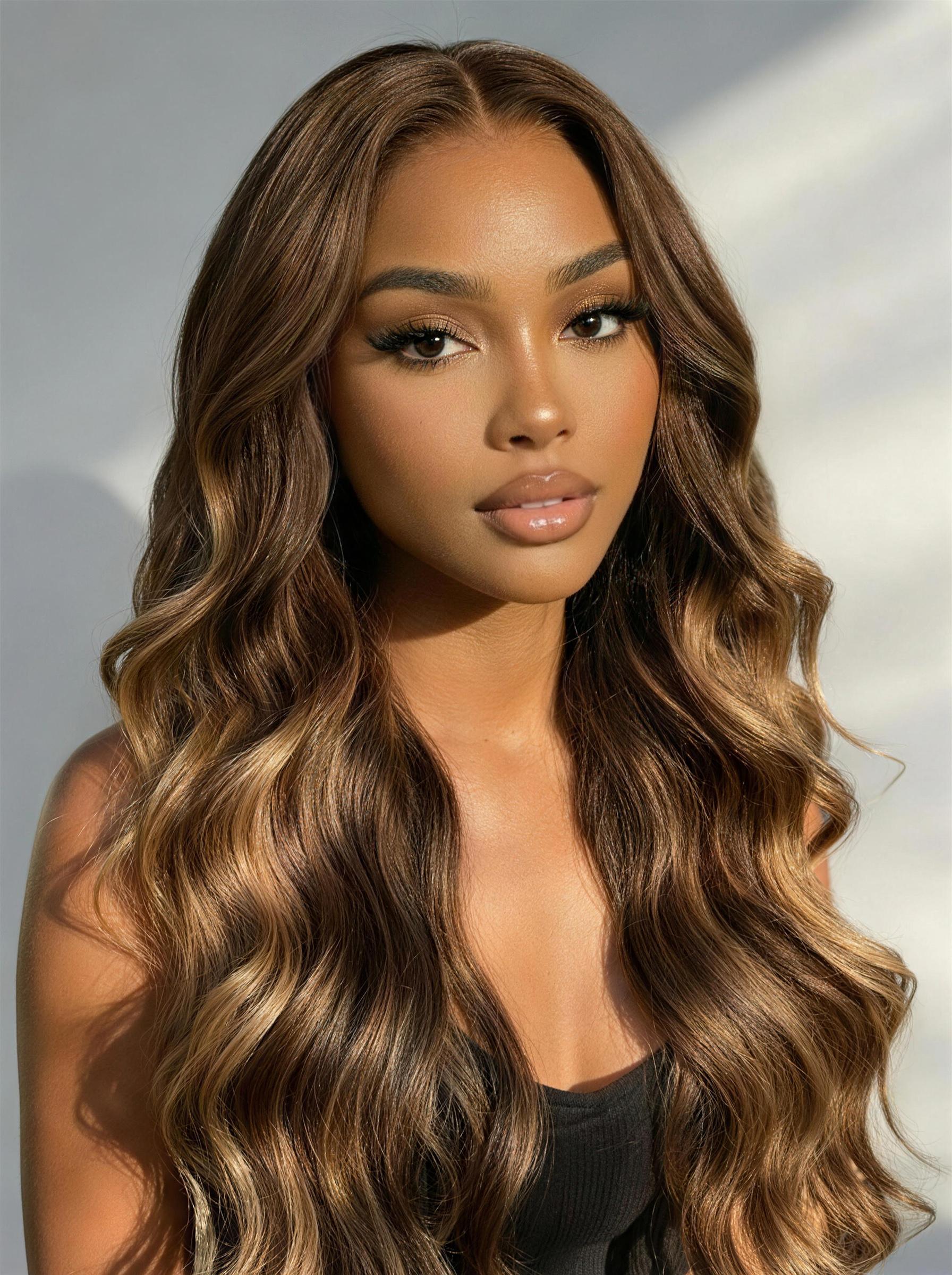 [24''= $129] UNice Bye-Bye Slip™ 7x5 Lace Deep Brown with Caramel Higlights Loose Wave Drawstring Glueless Wig