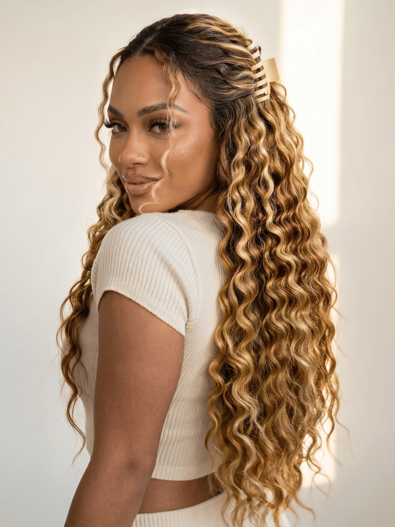 A woman with long, blonde, curly hair wig styled with a hair clip poses in natural light, wearing a white sleeveless top and subtle makeup, standing against a light-colored wall.