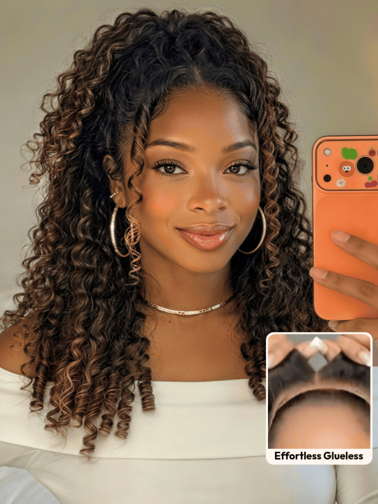 7x5 Bye Bye Slip™ Glueless Lace Black to Chestnut Brown Ombre Burmese Curly With Finger Coil Ends Wig-Put On & Go With Invisi Drawstring