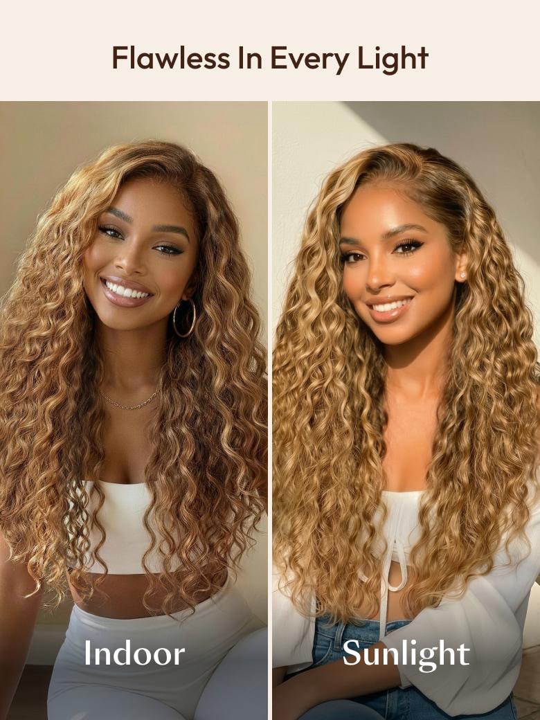 13x4 Bye Bye Slip™ Lace Frontal  Bronde Color With Honey Blonde Highlights Water Wave Glueless Drawstring Wig