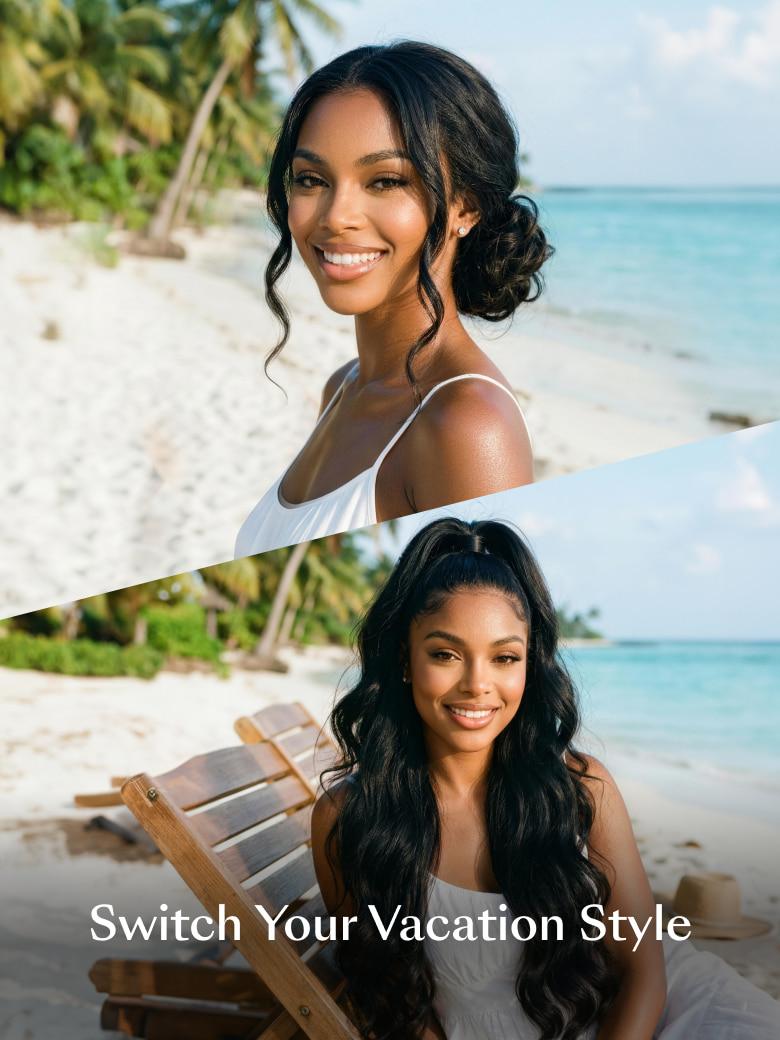 Collage showing three wig with different styles: a formal up-do with curls and tendrils, a sleek middle part with waves, and a voluminous side part with soft curls.