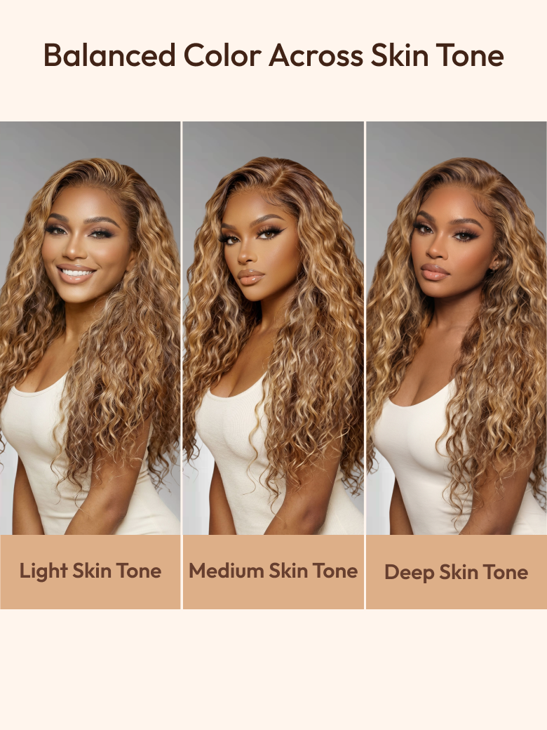 13x4 Bye Bye Slip™ Lace Frontal  Bronde Color With Honey Blonde Highlights Water Wave Glueless Drawstring Wig
