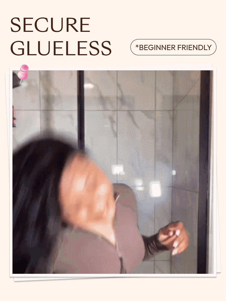 A woman with long, wavy wig poses confidently. Three smaller images on the right show her wig staying in place during a head shake, a hair pull, and wind, highlighting secure, comfortable, all-day wig wear.