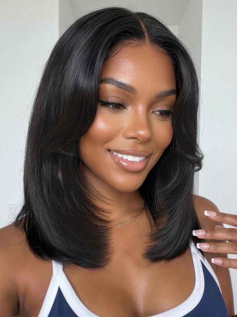 UNice 7x5 Bye Bye Slip™ Lace Black Blowout Layered Bob Wig with Curtain Bang