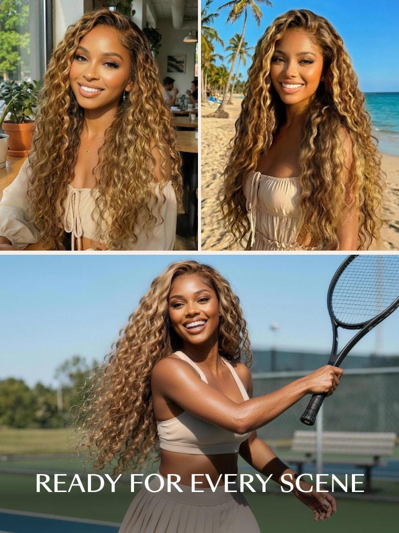 13x4 Bye Bye Slip™ Lace Frontal  Bronde Color With Honey Blonde Highlights Water Wave Glueless Drawstring Wig