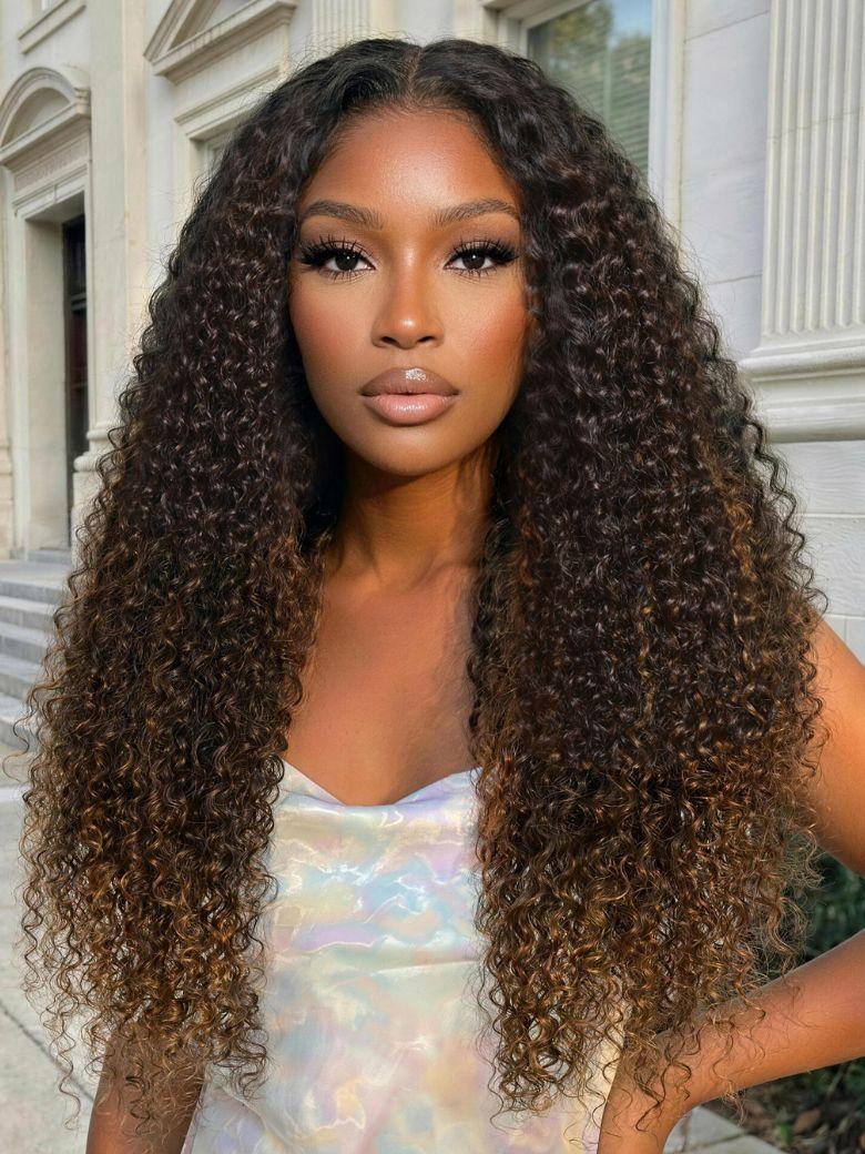 UNice 13x4 Bye Bye Slip™ Lace Frontal Brown with Caramel Highlights Jerry Curly Glueless Wig with Invisi Drawstring