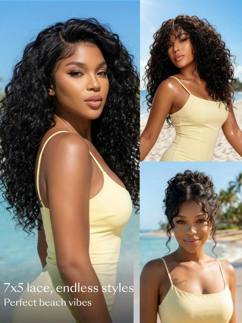 A collage shows a women with different hairstyles: top, the woman with curly hair and bangs; bottom left, the woman wearing in a side part style; bottom right, the woman in a curly updo—each look rivaling a pre-styled wig.