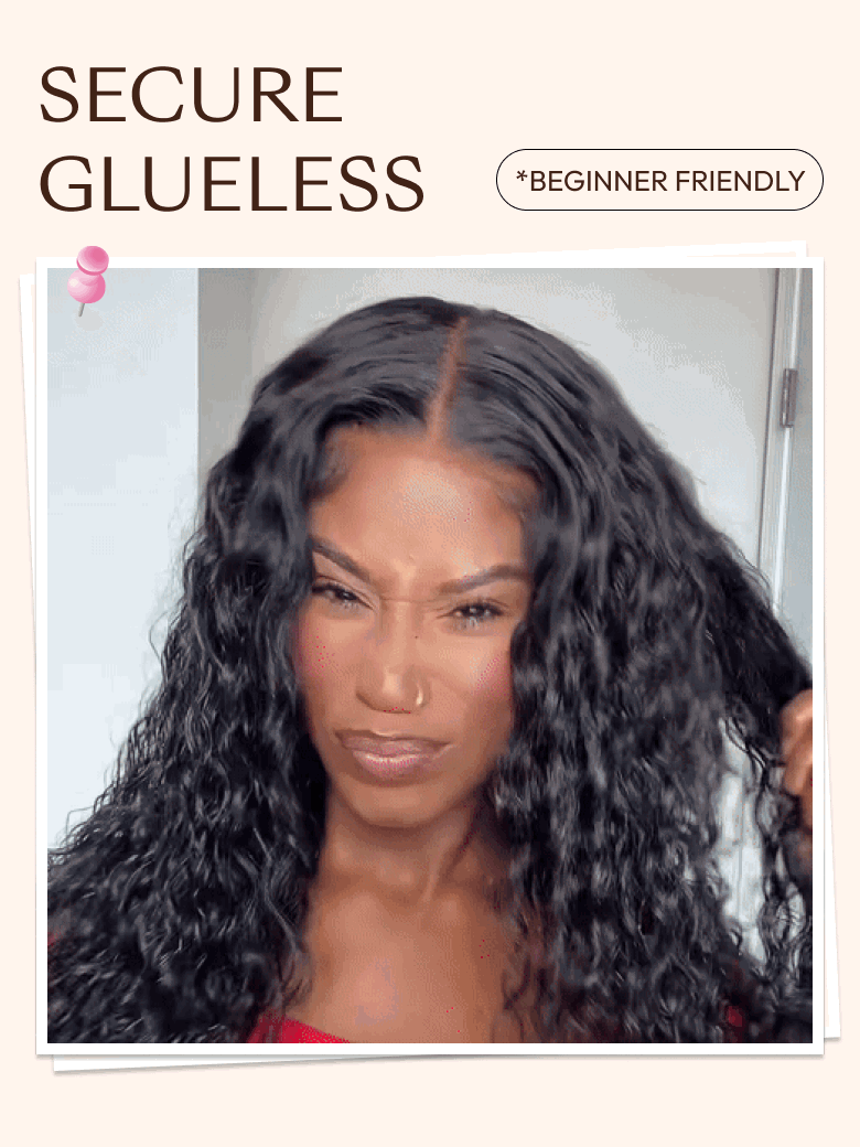 A woman with long curly hair smiles confidently. Three smaller images show her secure glueless wig passing head shake, pull, and wind tests, highlighting comfortable all-day wear with captions for each test.