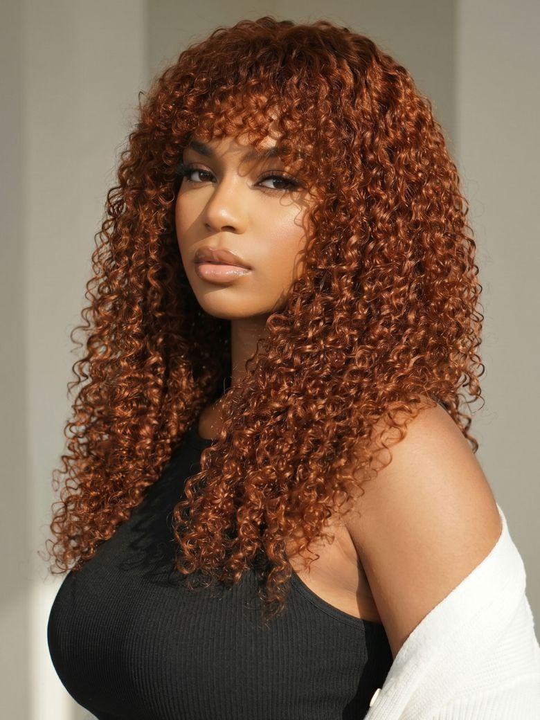 UNice Machine Made Reddish Brown Afro Kinky Curly Human Hair Glueless Wig with Bangs