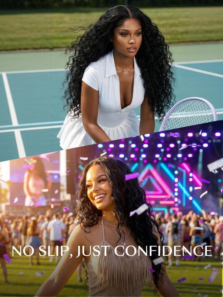 A woman with long curly hair confidently plays tennis on a court and surfs on a wave, showing that wigs for working out mean no slip, just confidence.