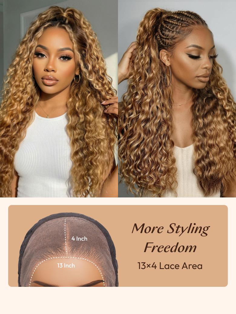 13x4 Bye Bye Slip™ Lace Frontal  Bronde Color With Honey Blonde Highlights Water Wave Glueless Drawstring Wig
