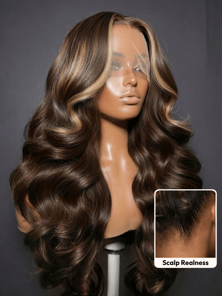 UNice 360 HD Lace Pre-plucked Luxury Raw Virgin Hair Chocolate Brown Balayage Body Wave Wig with Money Piece Highlights