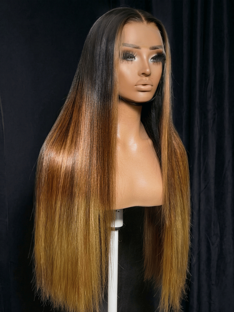UNice 360 HD Lace Pre-plucked Luxury Raw Virgin Hair Brown to Honey Blonde Ombre Silky Straight Wig with Dark Roots