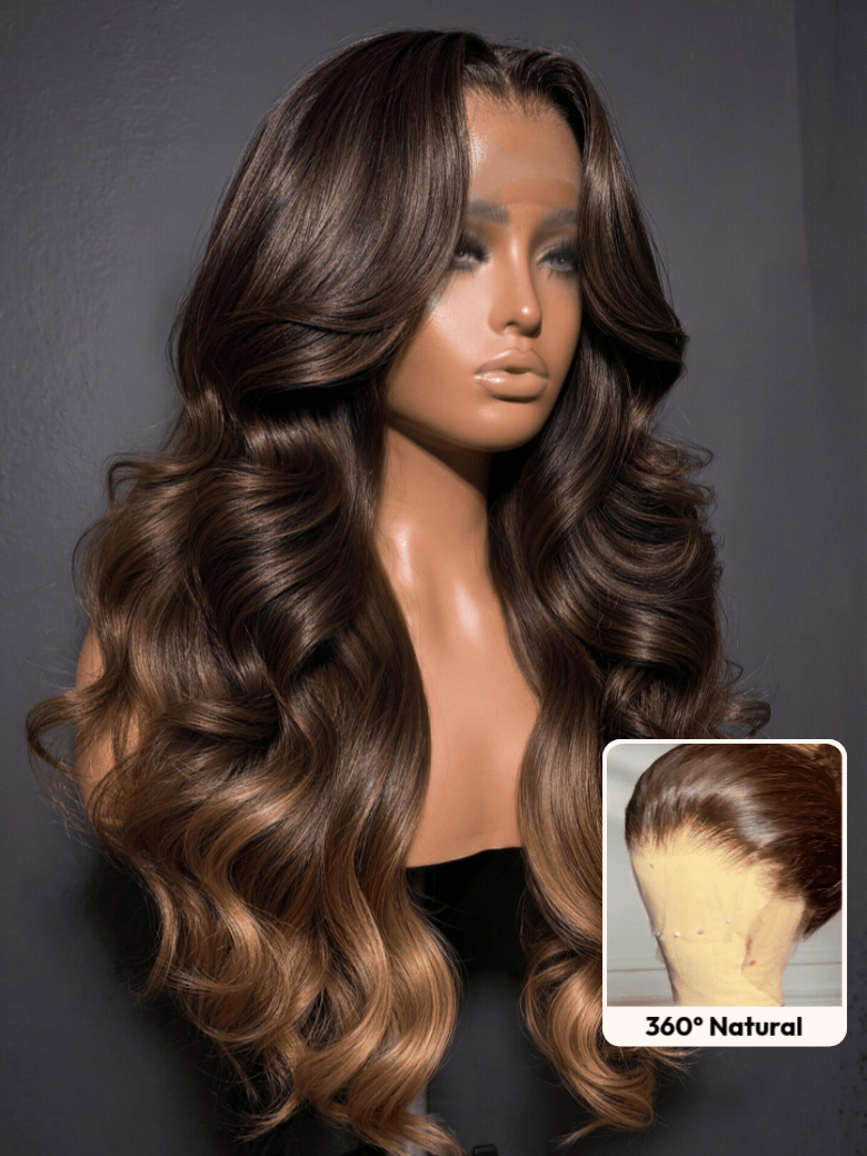 UNice 360 HD Lace Pre-plucked Luxury Raw Virgin Hair Chocolate Brown to Caramel Honey Blonde Ombre Body Wave Wig