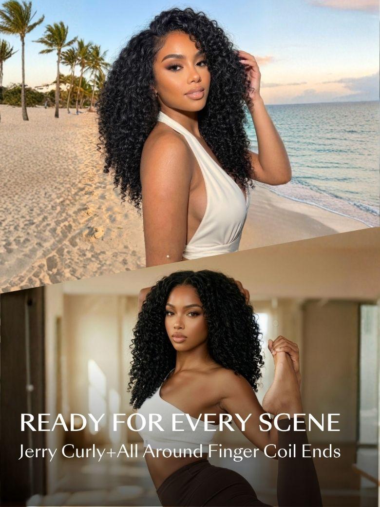 A woman with curly hair—thanks to a glueless no lsip wig for exercise—does a yoga pose indoors in the top image and rock climbs outdoors in the bottom image.