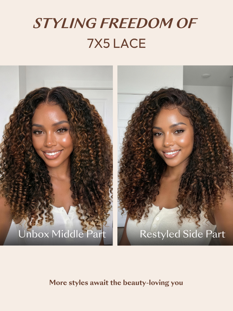 7x5 Bye Bye Slip™ Glueless Lace Black to Chestnut Brown Ombre Burmese Curly With Finger Coil Ends Wig-Put On & Go With Invisi Drawstring
