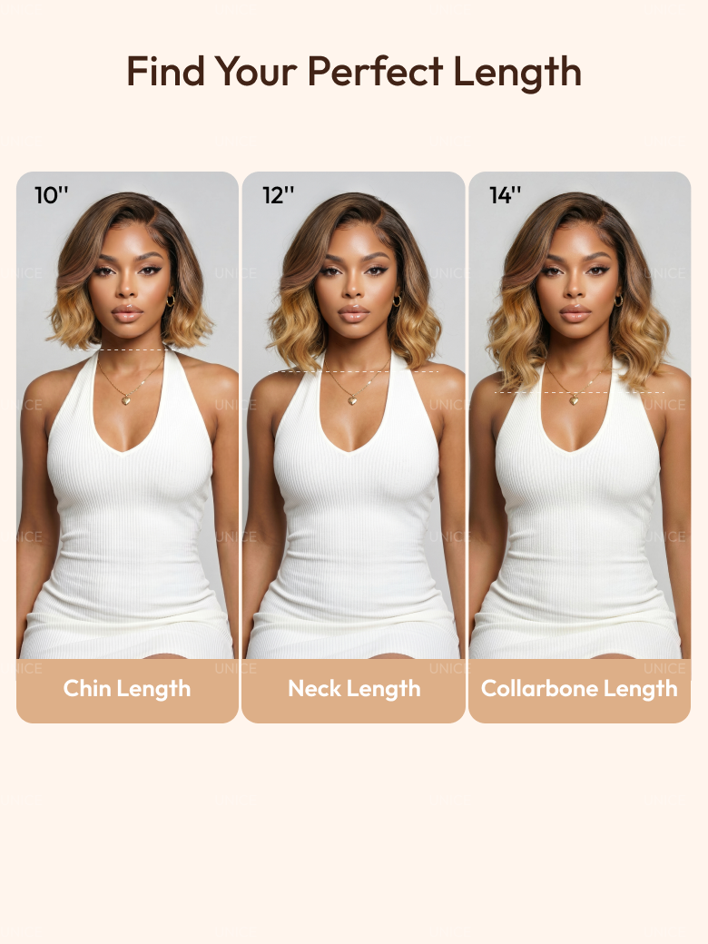 UNice 13x4 Pre-Everything™ Lace Frontal Brown With Honey Blonde Face-Framing Highlights Wavy Bob Glueless Drawstring Wig Workout Friendly Secure Fit