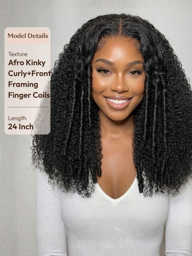 A model wears a 16-inch black kinky finger curly wig with finger coils, featuring a seamless, pre-plucked hairline.