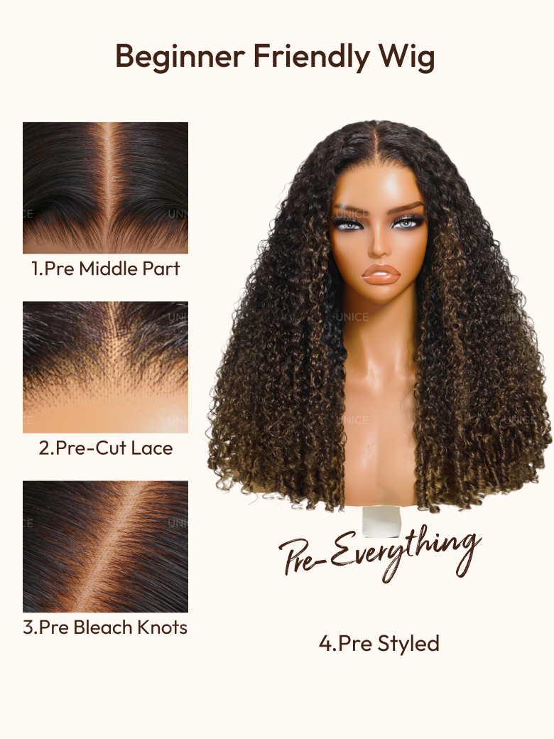 7x5 Bye Bye Slip™ Glueless Lace Black to Chestnut Brown Ombre Burmese Curly With Finger Coil Ends Wig-Put On & Go With Invisi Drawstring
