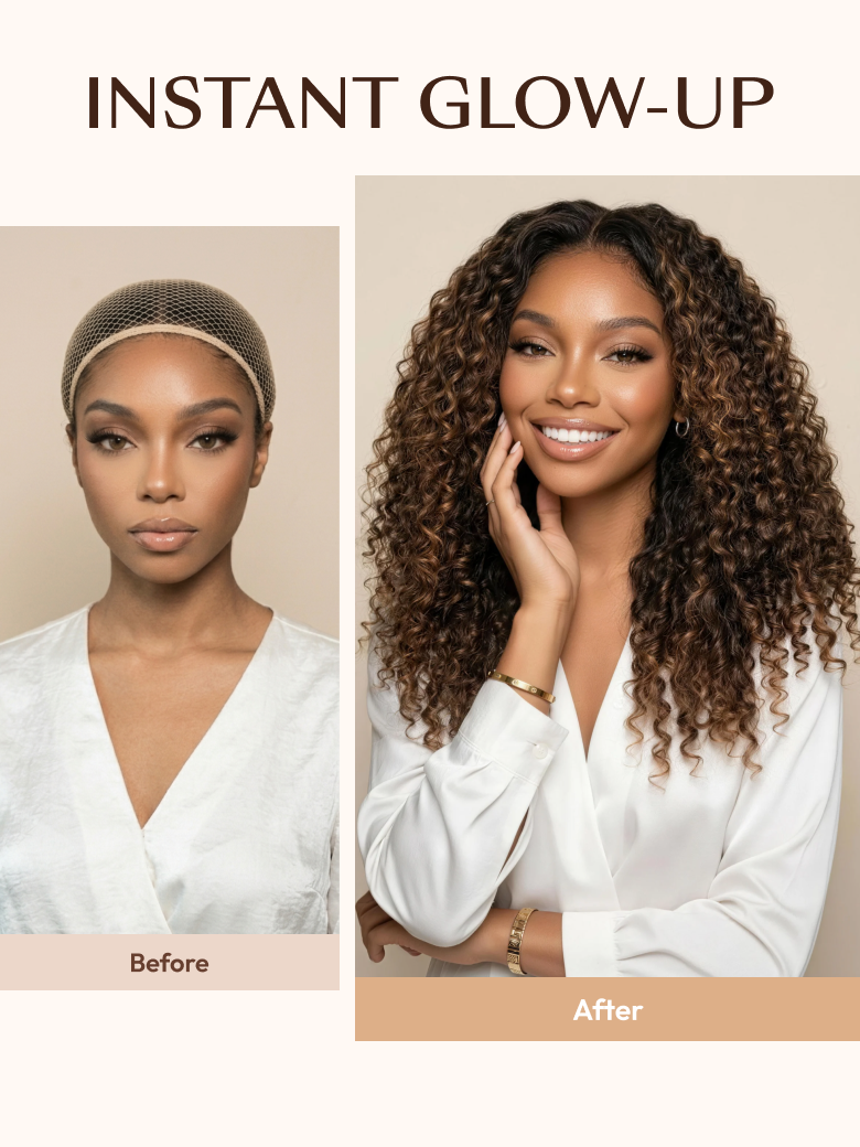 7x5 Bye Bye Slip™ Glueless Lace Black to Chestnut Brown Ombre Burmese Curly With Finger Coil Ends Wig-Put On & Go With Invisi Drawstring