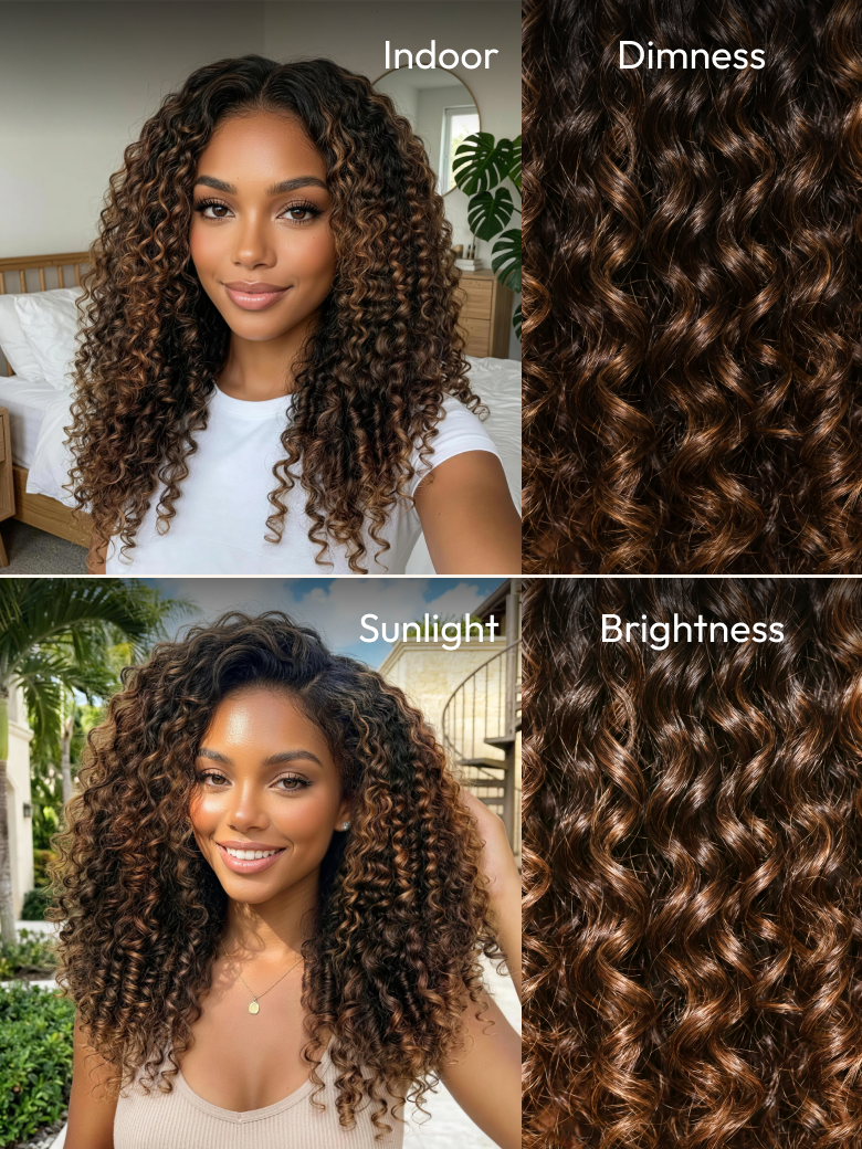 7x5 Bye Bye Slip™ Glueless Lace Black to Chestnut Brown Ombre Burmese Curly With Finger Coil Ends Wig-Put On & Go With Invisi Drawstring