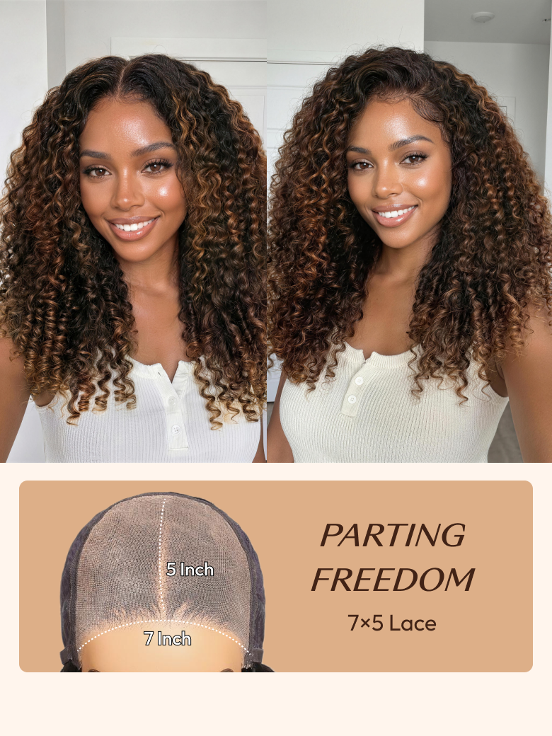 7x5 Bye Bye Slip™ Glueless Lace Black to Chestnut Brown Ombre Burmese Curly With Finger Coil Ends Wig-Put On & Go With Invisi Drawstring