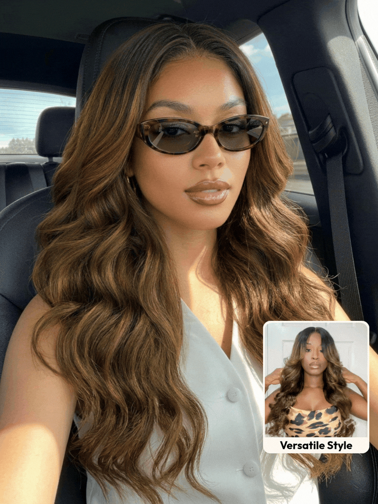 UNice 7x5 Bye Bye Slip™ Wig Glueless Lace Balayage Highlight Body Wave Curtain Bangs Wig with Invisible Drawstring