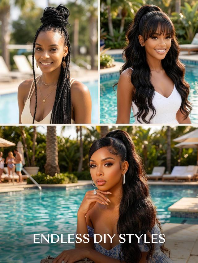 A model displays the UNice 3 Pcs Brazilian Body Wave Bundles - Full Install Ready, 100% Virgin Soft Human, showing a model with long hair and braids in front of a pool.