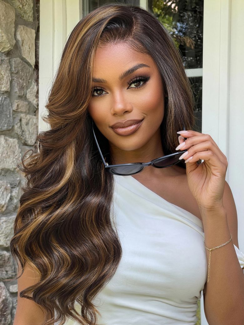 UNice 7x5 Bye Bye Slip™ Lace Brown with Golden Brown Highlights Glueless Body Wave Drawstring Wig with Side Part Bangs