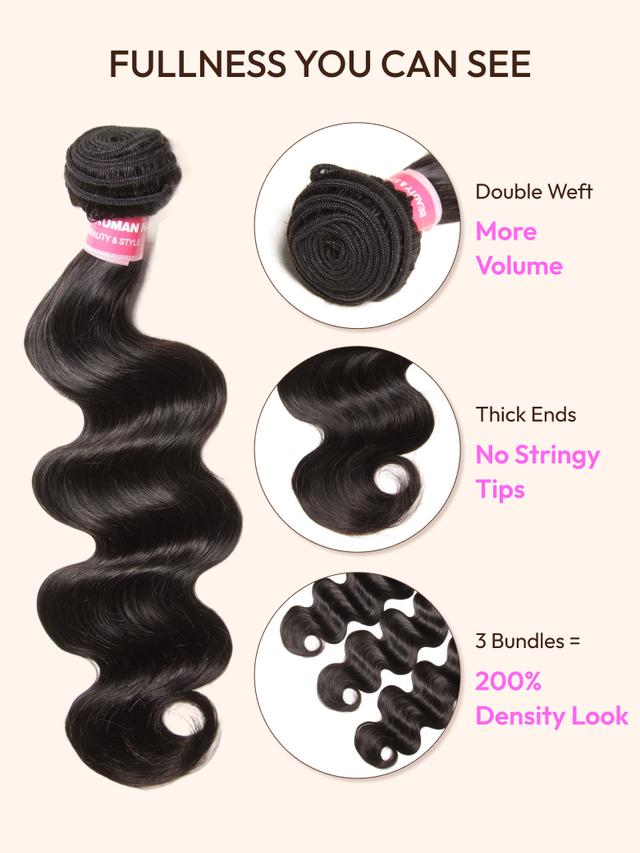 The UNice 3 Pcs Brazilian Body Wave Bundles - Full Install Ready, 100% Virgin Soft Human image highlights FULLNESSYOUCANSEE, DoubleWeft, UMAN, SAUTY&STYLE, brazilian.