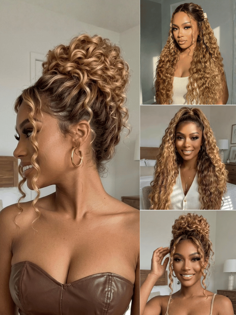 13x4 Bye Bye Slip™ Lace Frontal  Bronde Color With Honey Blonde Highlights Water Wave Glueless Drawstring Wig 150% Density