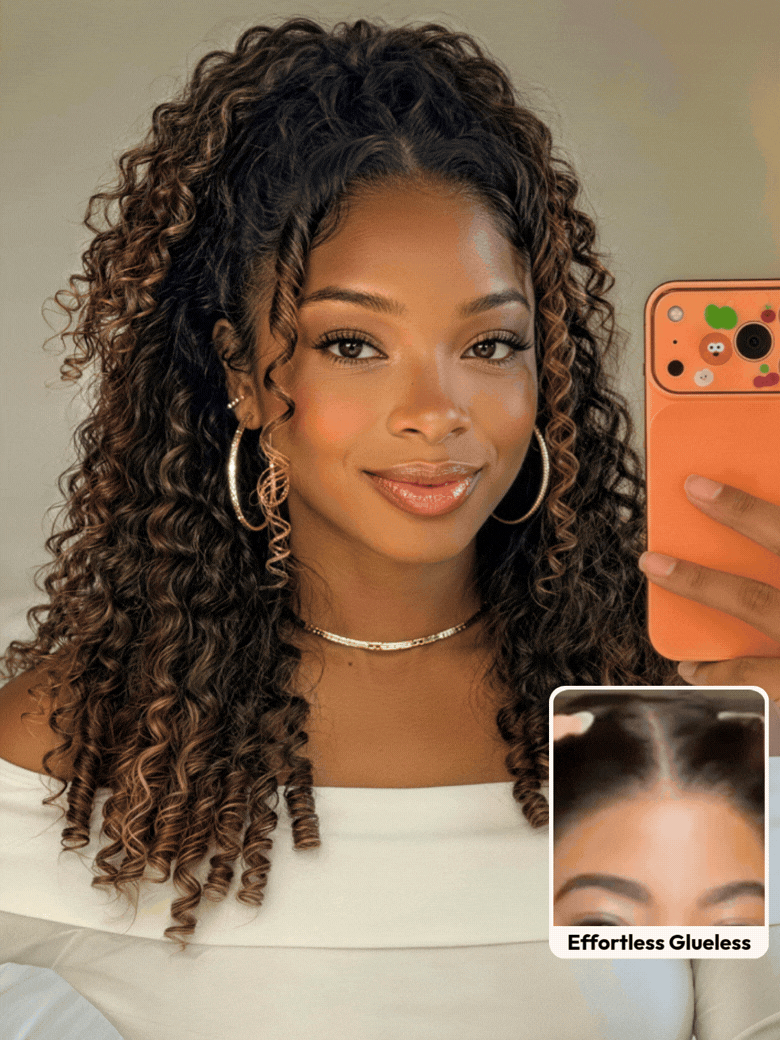 A smiling woman with long, voluminous, curly hair and subtle highlights wears a sleeveless knit top. An inset shows a close-up of her scalp with the realistic hairline of the brown highlight wig labeled “Invisiknots & Glueless.”.