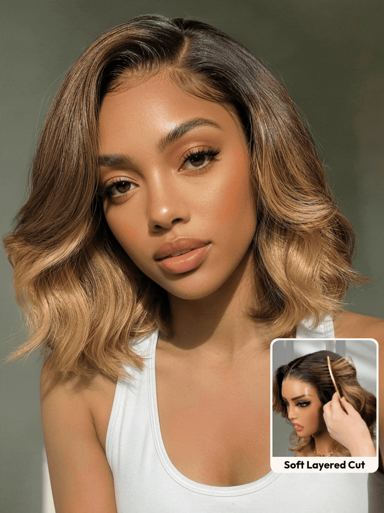 UNice 13x4 Pre-Everything™ Lace Frontal Brown With Honey Blonde Face-Framing Highlights Wavy Bob Glueless Drawstring Wig Workout Friendly Secure Fit