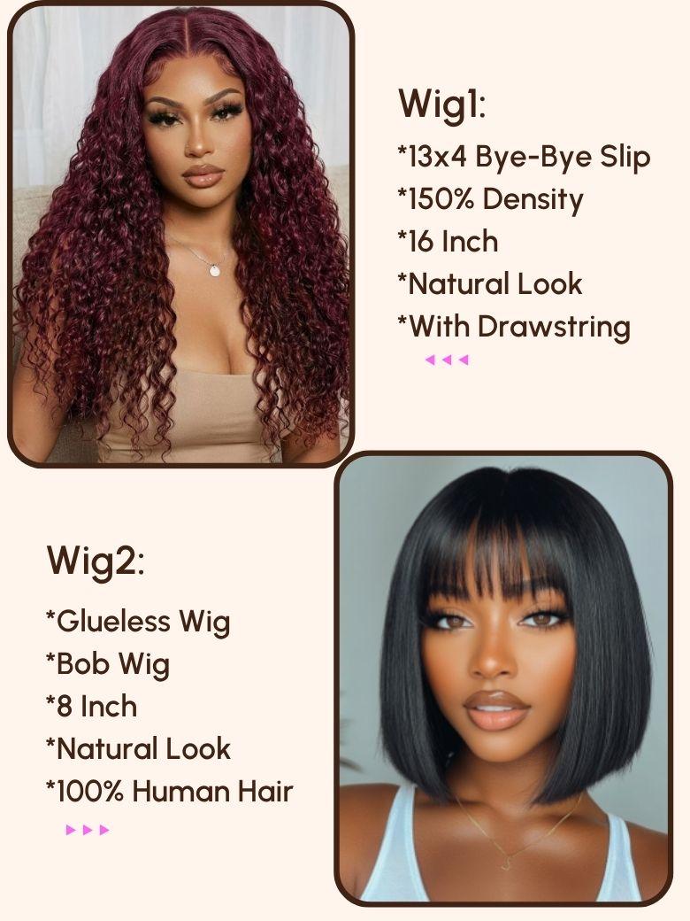 $99=2 Wigs | 16" Lace Part Kinky Curly Wig and 10" Bob Wig with Bang