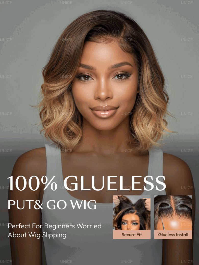 UNice 13x4 Pre-Everything™ Lace Frontal Brown With Honey Blonde Face-Framing Highlights Wavy Bob Glueless Drawstring Wig Workout Friendly Secure Fit