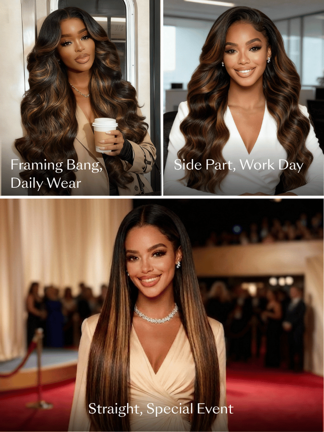 7x5 Bye Bye Slip™ Balayage Highlight Body Wave & Curtain Bangs Wig – Glueless Lace Pull & Go with Invisi Drawstring