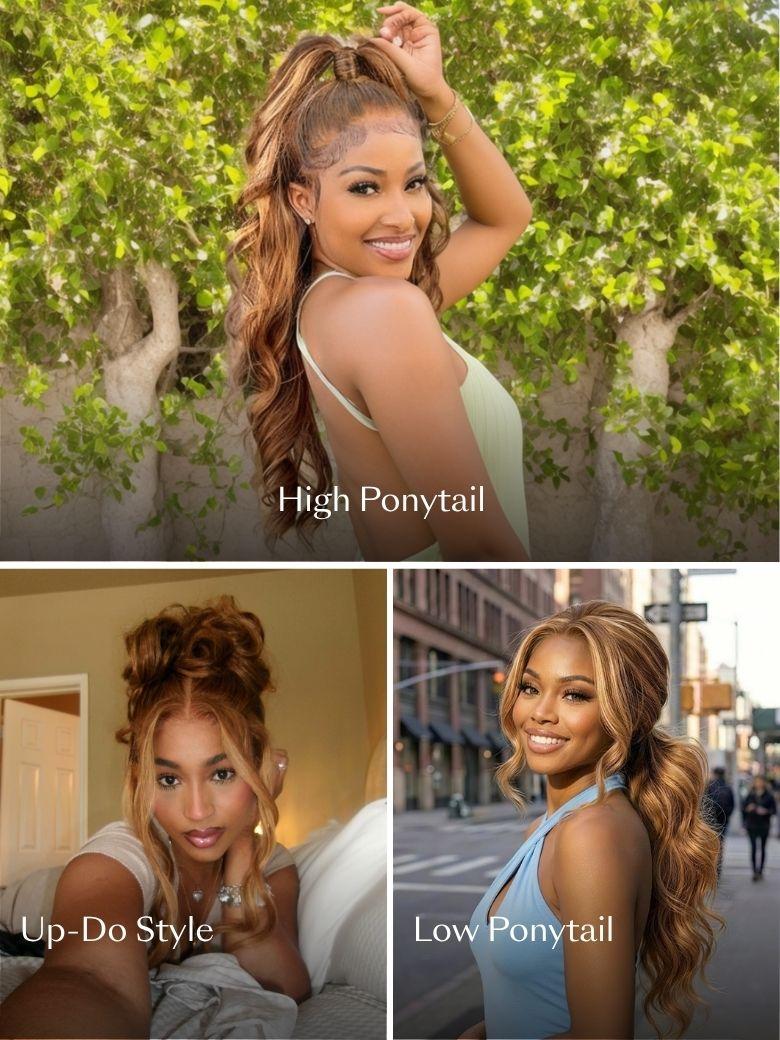 The ready to wear honey blonde body wave glueless wig styled in a high ponytail, up-do, and low ponytail lifestyle comparison.