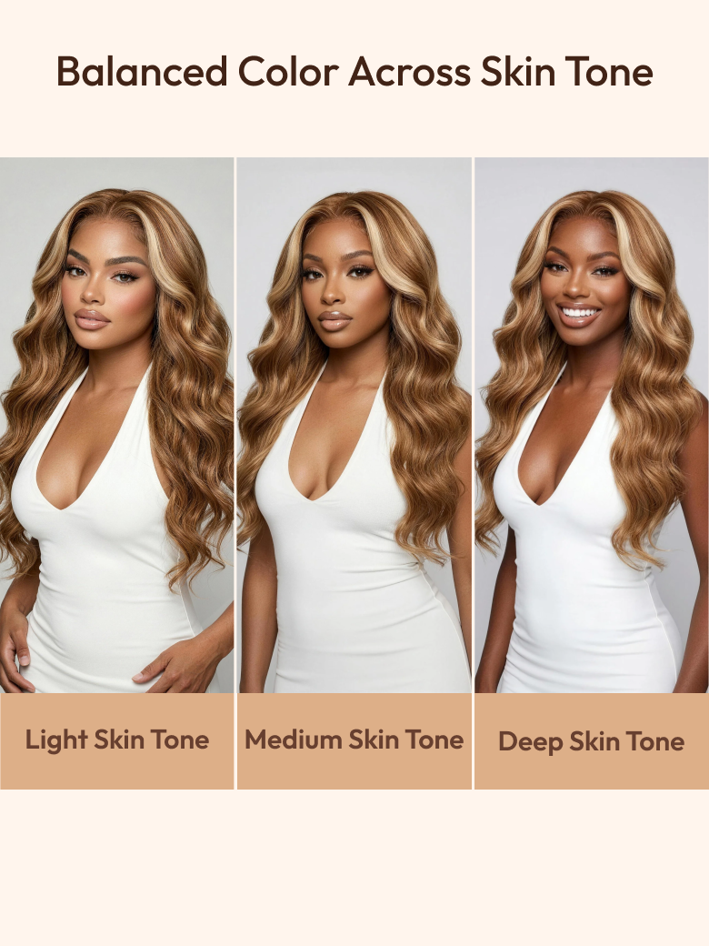 Honey blonde body wave beginner wig shown on light, medium, and deep skin tones for color comparison.